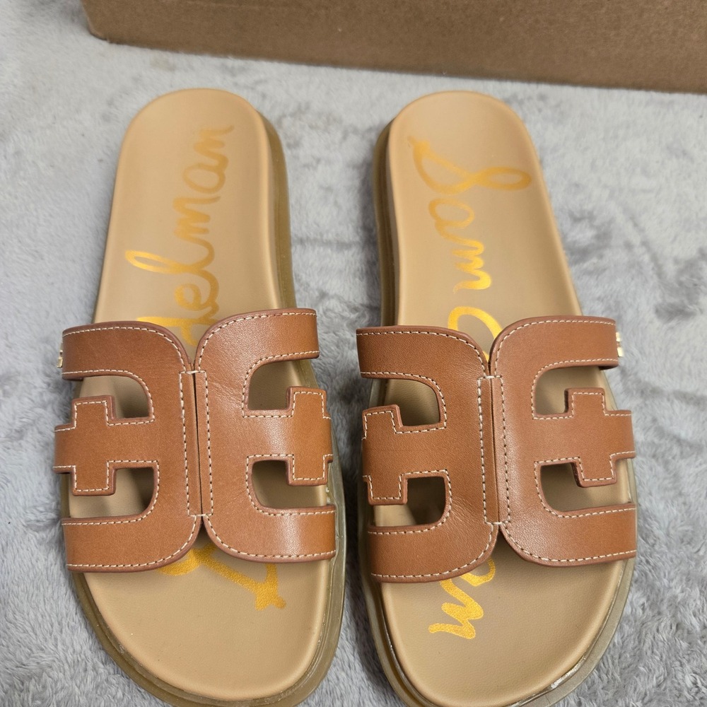 Sam Edelman Valeri Saddle Brown Leather Logo Slide Sandals Womens 7M EUR 37
